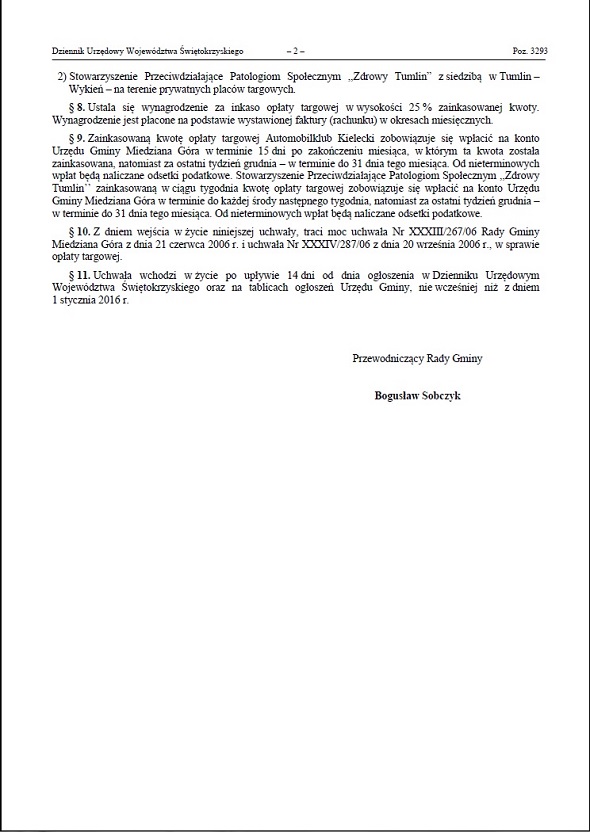 UCHWAŁA NR XII/93/15. RADY GMINY MIEDZIANA GÓRA z dnia 5 listopada 2015 r. w sprawie wprowadzenia poboru opłaty targowej na targowisku w Miedzianej Górze.